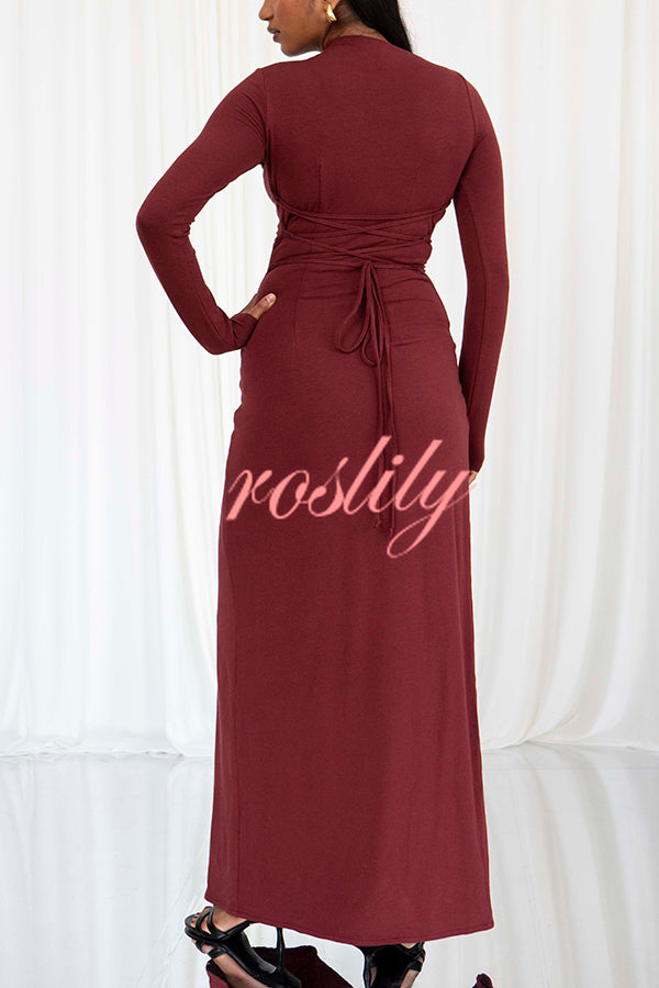 Venus Long Sleeve Ruched Side Slit Drape Ruffles Back Lace-up Stretch Maxi Dress