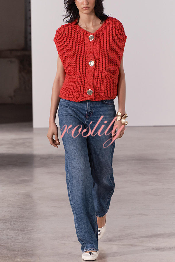 Solid Color Sleeveless Pocket Knitted Vest