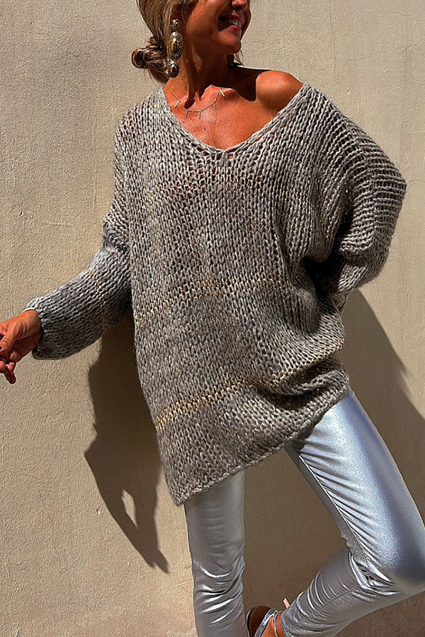 Autumn Brunch Knit Striped Colorblock Loose Pullover Sweater