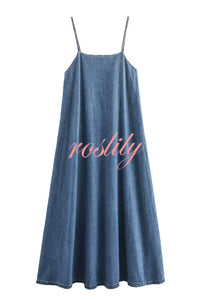 Tenaya Denim Back Elastic A-line Loose Slip Maxi Dress