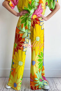 Colorful Flowersl Print Short-sleeved Loose Shirt and Elastic Waist Pocket Pants Set