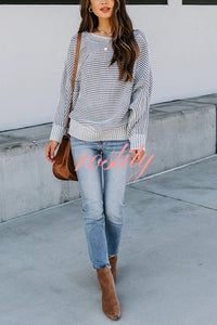 Knitted Striped Round Neck Dolman Sleeve Casual Loose Sweater