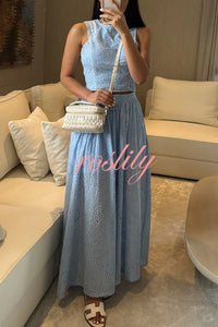 Kaya Embroidery Hollow Lace Back Smocked Tank and Elastic Waist A-line Maxi Skirt Set