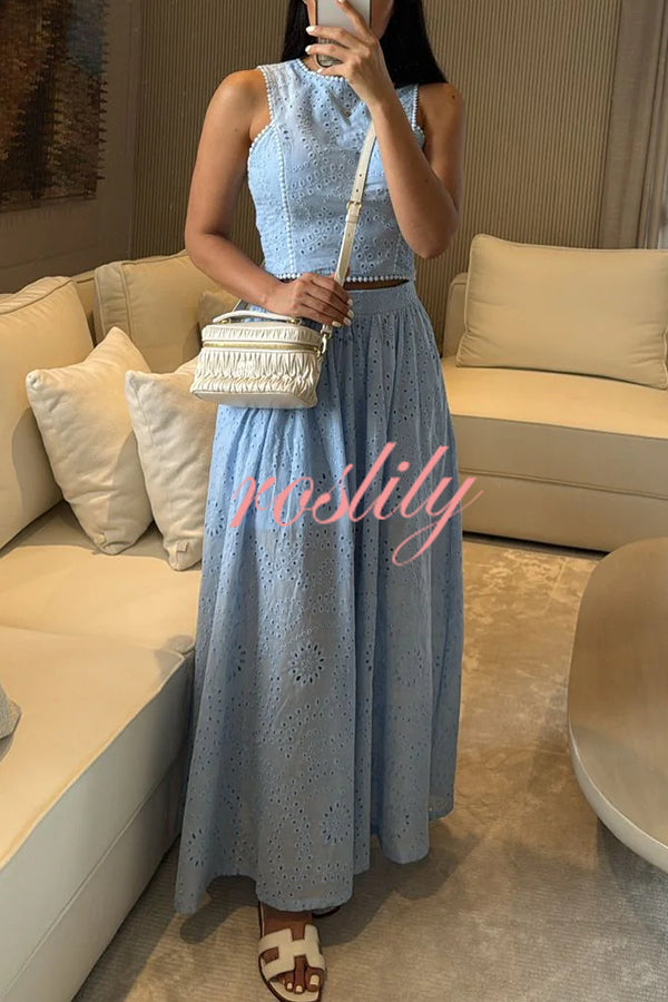 Kaya Embroidery Hollow Lace Back Smocked Tank and Elastic Waist A-line Maxi Skirt Set