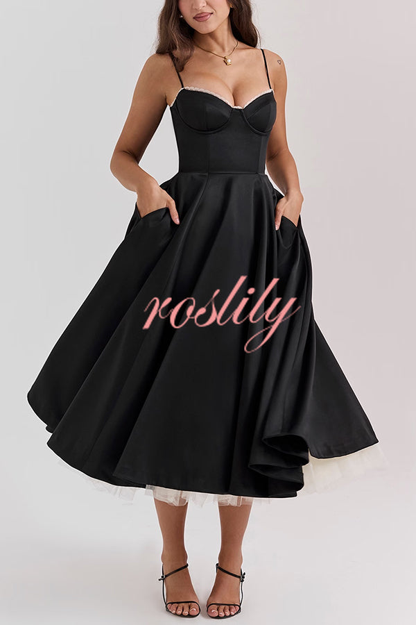 Fairytale Vibe Satin Patchwork Tulle Sweetheart Neck Pocket Stretch Midi Dress