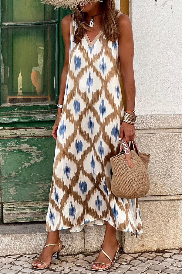 Irregular Print Elastic Waist V Neck Slit Maxi Dress