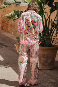 Floral Charm Unique Print Loose Blouse and Elastic Waist Pocketed Pants Set