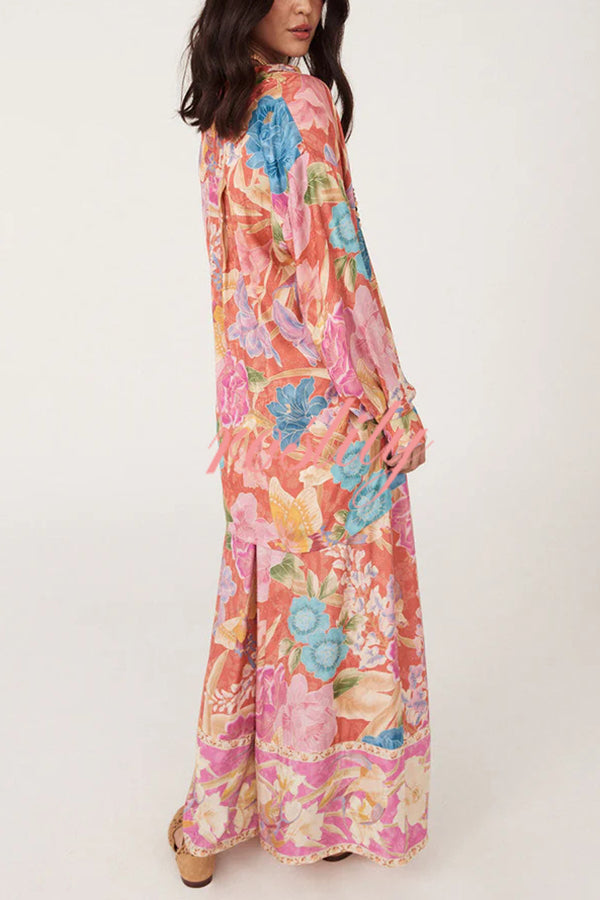 Painter's Garden Boho Floral Print  Elastic Waist Pocketed Wide Leg Pants