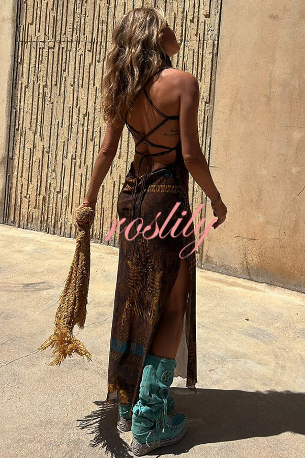 Gypsy Style Unique Print Cowl Neck Back Lace-up Slit Midi Dress