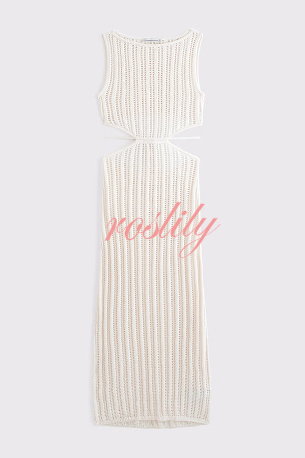 Beach Day Crochet Knit Cutout Waist Coverup Stretch Maxi Dress
