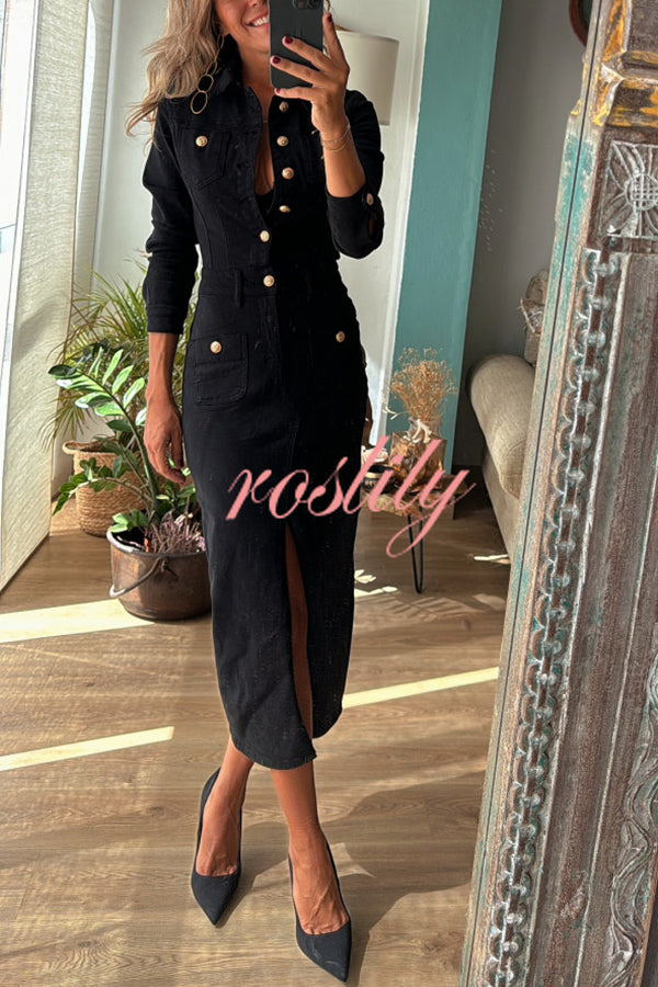 Tessy Denim Metal Button Zipper Shirt Stretch Pencil Slit Midi Dress