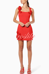 Crush on You Rose Applique Square Neck Wide Strap Mini Dress