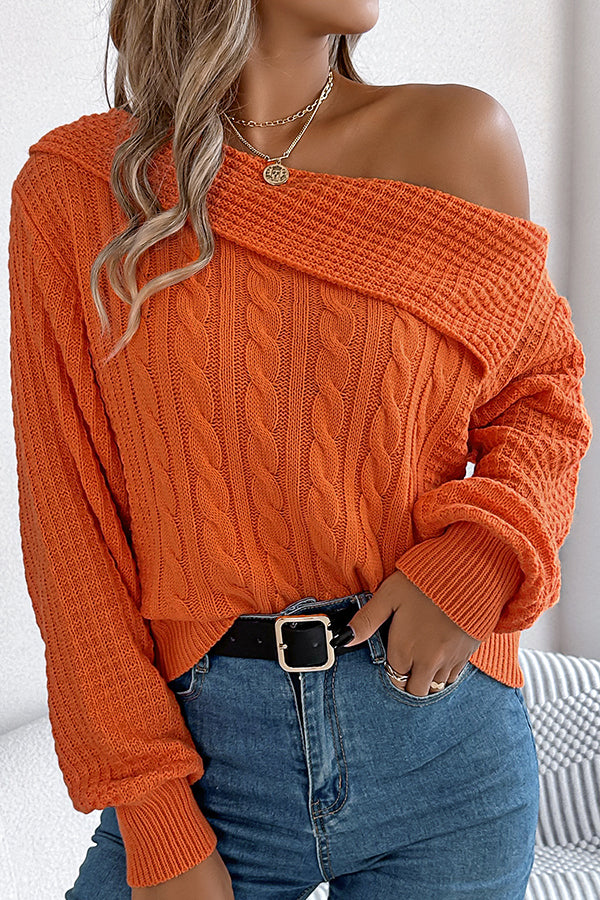 Solid Color Casual One Shoulder Long Sleeve Knitted Sweater