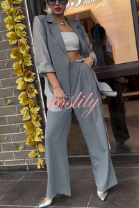 Chic and Elegant Chiffon Patchwork Irregular Lace-up Jacket and Pocketed Straight-leg Pants Set