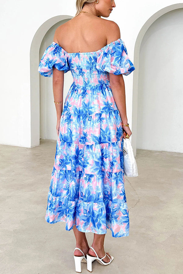 Petal Princess Unique Print Smocked Waist Puff Sleeve Midi Dress