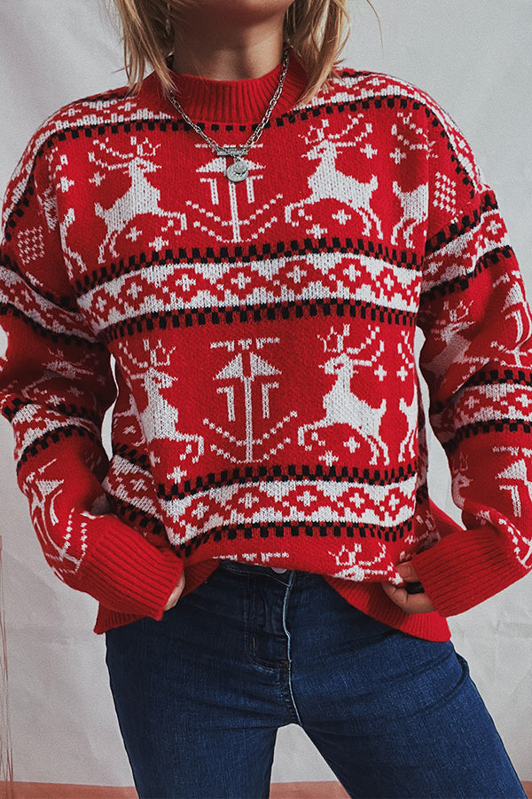 Christmas Pattern Knitted Crew Neck Long Sleeved Sweater