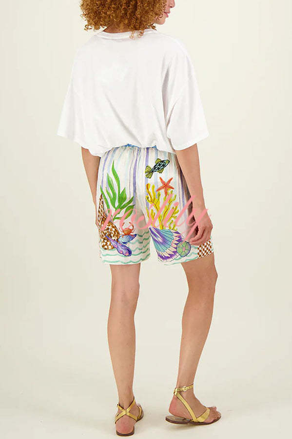 Coastal Seashell Satin Unique Print Pocket Loose Shirt and Elastic Waist Shorts Set