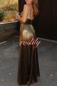 Disco Fashion Metallic Fabric Pleated Pocket Slip Wide Leg Jumpsuit