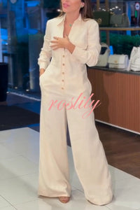 Linen Blend Lapel Long Sleeve Button Pocket Wide Leg Jumpsuit