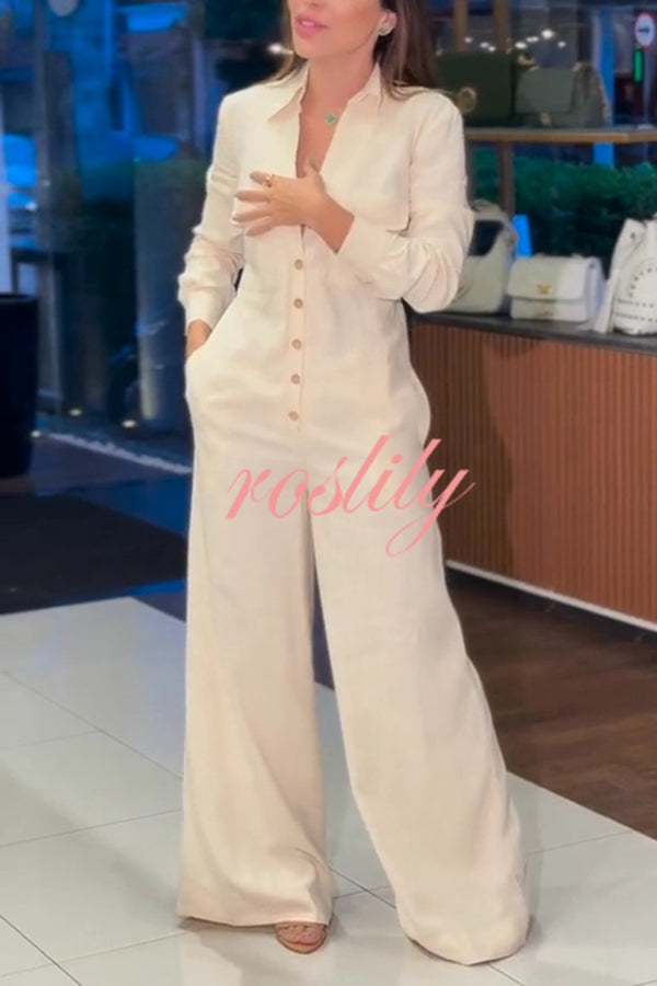 Linen Blend Lapel Long Sleeve Button Pocket Wide Leg Jumpsuit