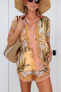 Royalty Unique Print Button Up Short Sleeve Shirt and Elastic Waist Pocketed Loose Shorts Set