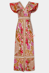 Unique Printed V-neck Open Back Ruffled Sleeves Slit Maxi Dress