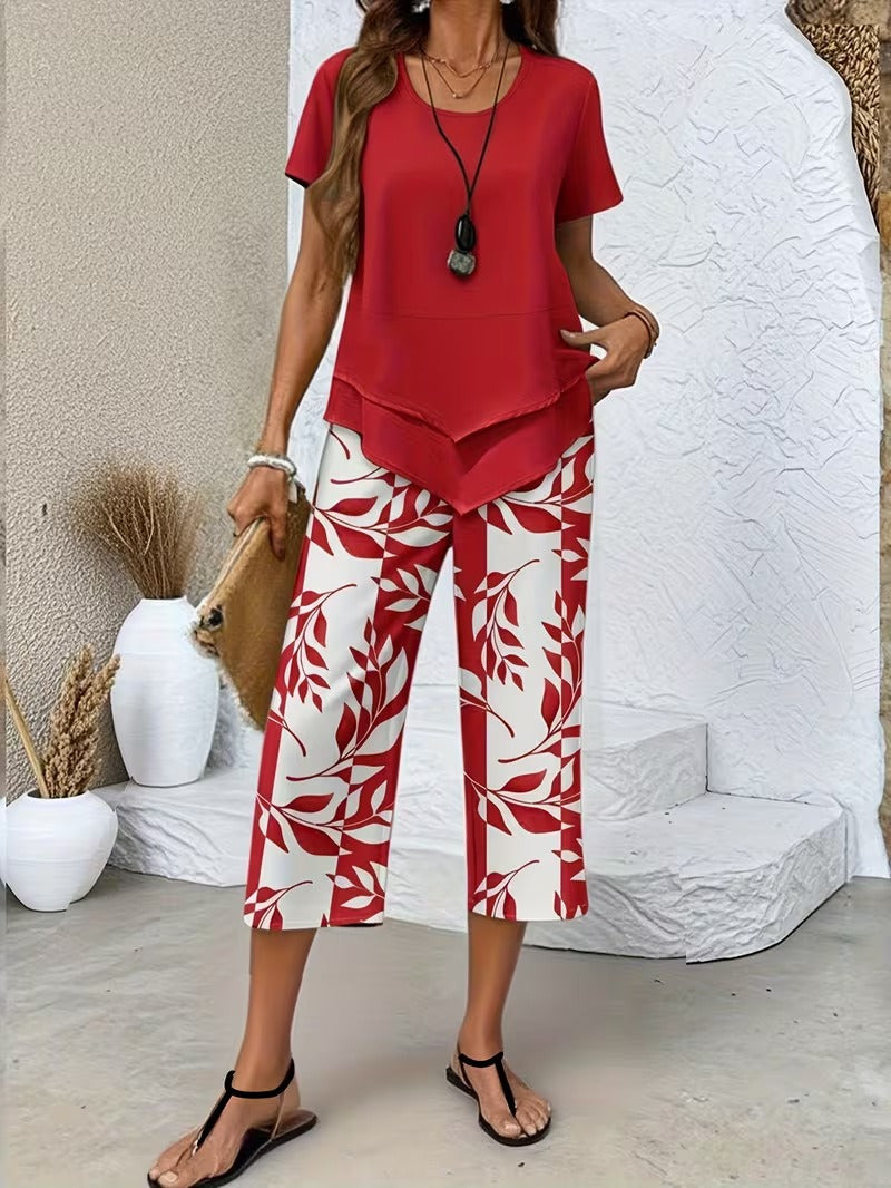 Casual Leaf Print Two-Piece Set