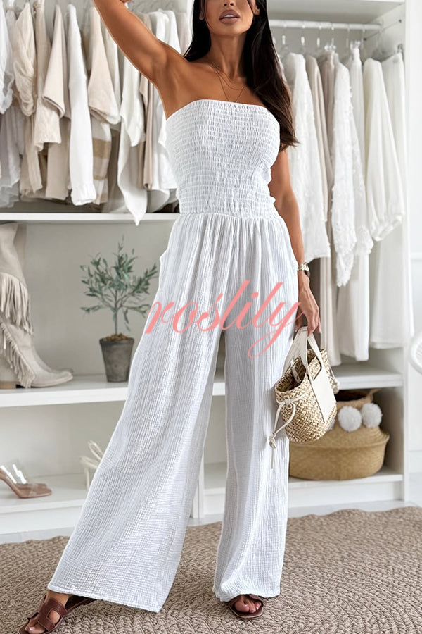 Linen Blend Solid Color Off-the-shoulder Pleated Casual Pocket Wide-leg Jumpsuit