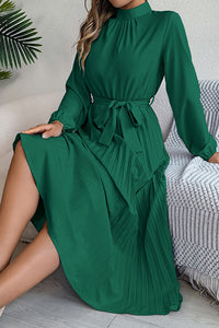 Elegant Stand-collar Long-sleeve Waisted Tie-up Pleated Midi Dress