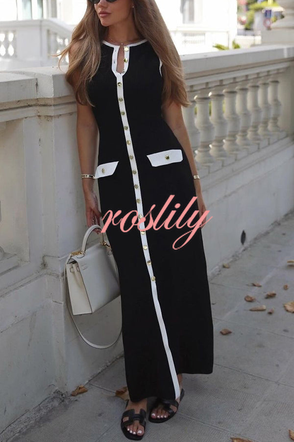 Elegant Slim Fit Crew Neck Buttoned Sleeveless Knit Midi Dress