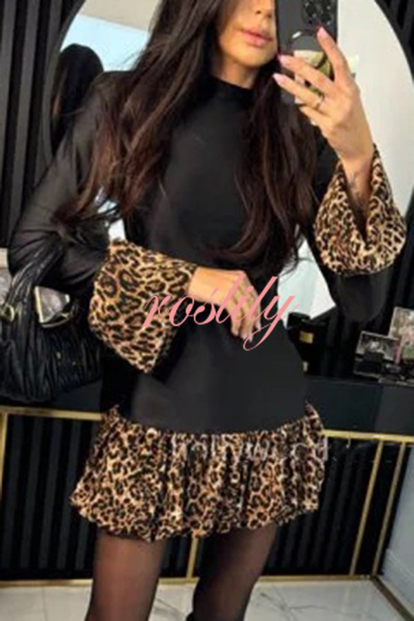 Fashionable Splicing Leopard Print Bell Sleeve Stretch Mini Dress