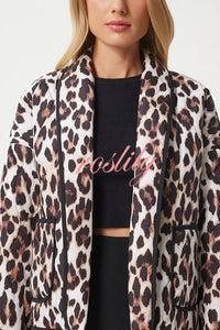 Leopard Print Loose Lapel Pocket Jacket