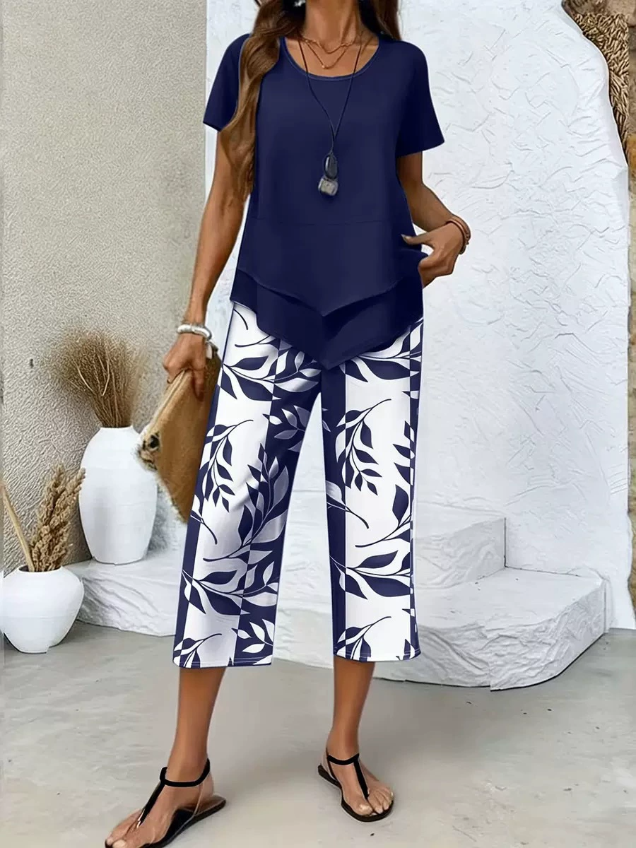 Casual Leaf Print Two-Piece Set