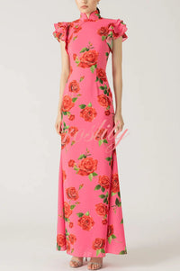 Cheongsam Style Rose Floral Print Tiered Flare Sleeve Stretch Maxi Dress