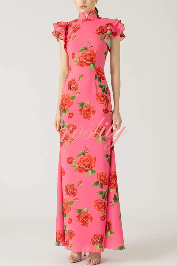 Cheongsam Style Rose Floral Print Tiered Flare Sleeve Stretch Maxi Dress