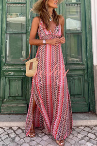 Bohemian Print V-neck Open Back Slit Maxi Dress