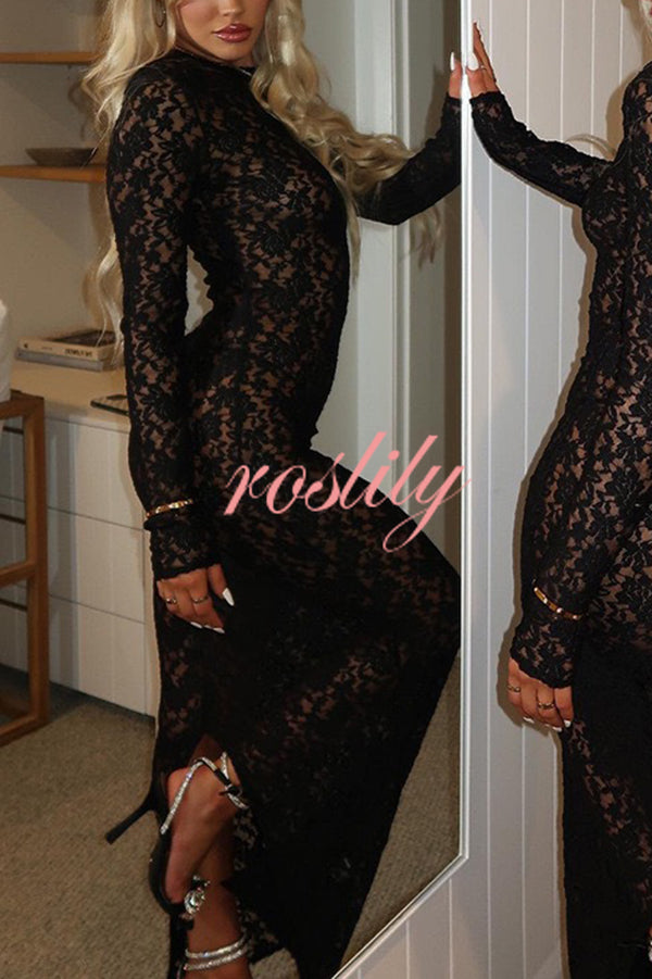 Solid Color Round Neck Long Sleeve Sexy Lace Slim Fit Cover-up Maxi Dress