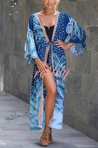 Unique Print Loose Lace Up Holiday Maxi Cover Up