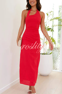 Solid Color Sleeveless Halter Neck Backless Slim Fit Maxi Dress