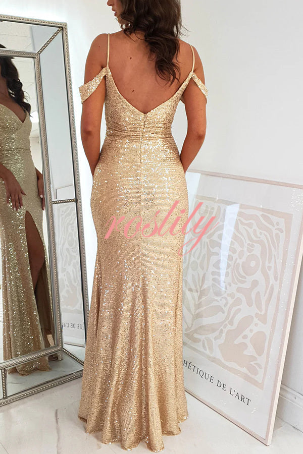 Prom Dreamland Sequin Cold Shoulder Ruched Slit Maxi Dress