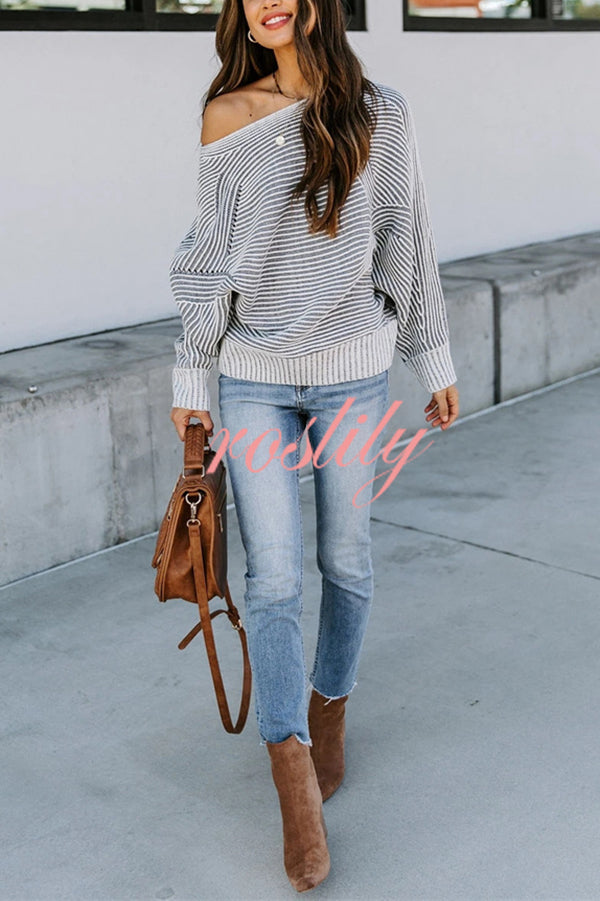 Knitted Striped Round Neck Dolman Sleeve Casual Loose Sweater