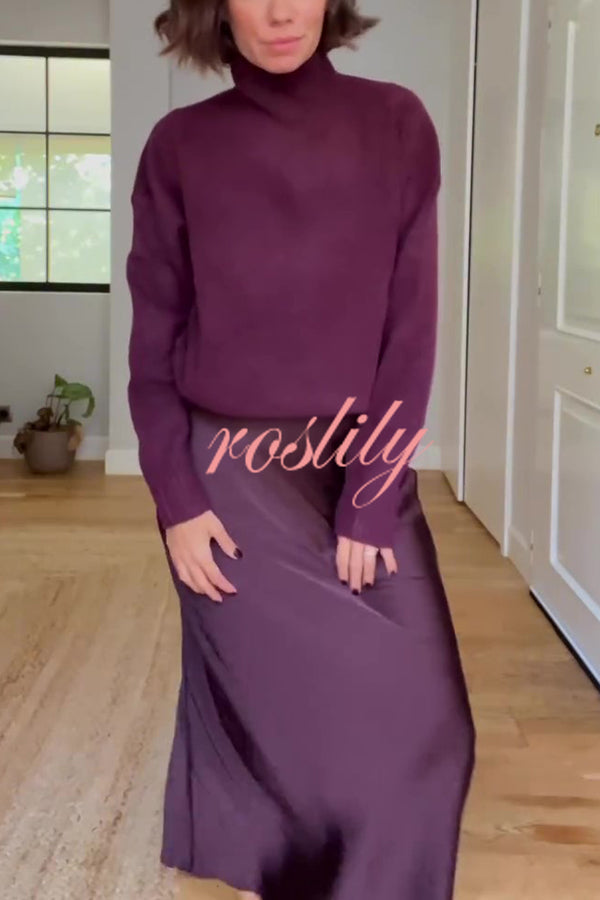 Jaelyn Solid Color Turtleneck Long Sleeve Sweater and Satin Elastic Waist Maxi Skirt Set