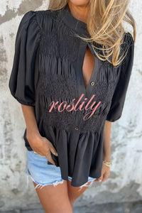 Solid Color Round Neck Button Pleated Short Sleeve Casual Shirt