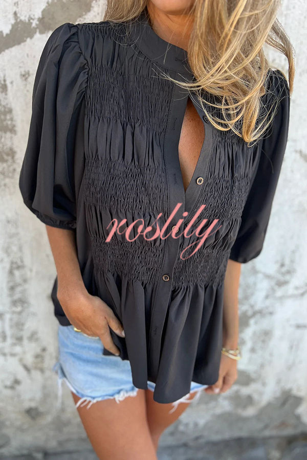 Solid Color Round Neck Button Pleated Short Sleeve Casual Shirt