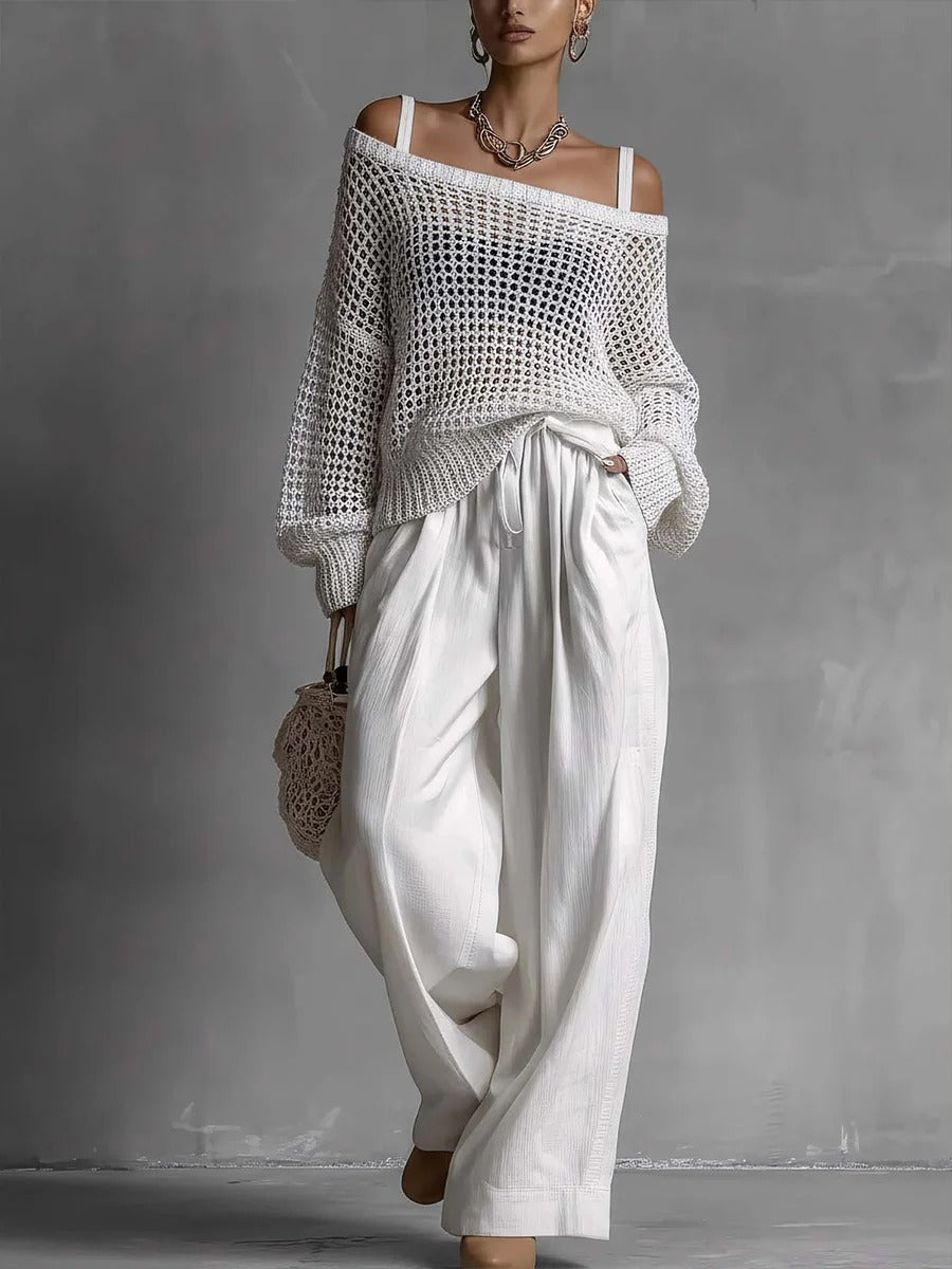 Luxe Open-Knit Top & Wide-Leg Pants Set