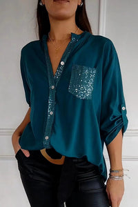 Solid Color Casual Loose Sequin Pocket Shirt Top