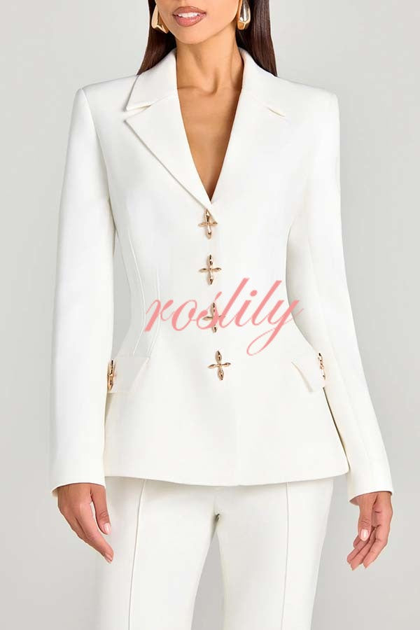 Women Power Metal Cross Snap Button Long Sleeve Lapel Blazer