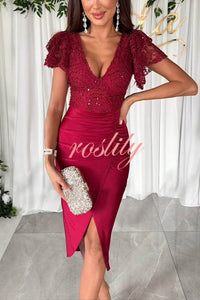 Dreamy Luxury Lace and Satin Patchwork Ruffle Sleeve Ruched Midi Dress