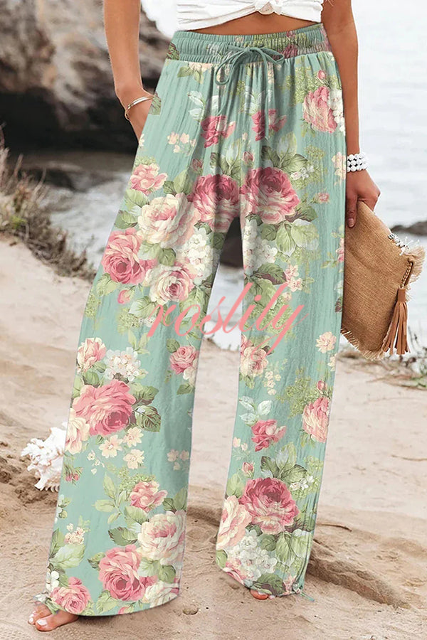 Colorful Printed Elastic Waist Drawstring Pocket Casual Pants