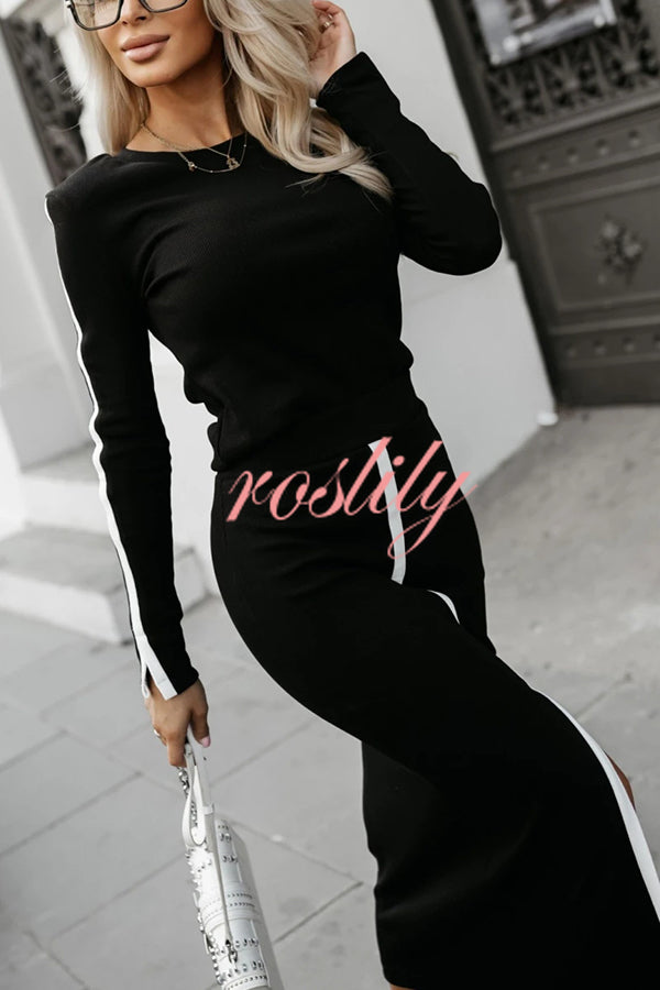 Stylish Paneled Long Sleeve Crew Neck Top and Elastic Waist Slit Midi Skirt Set